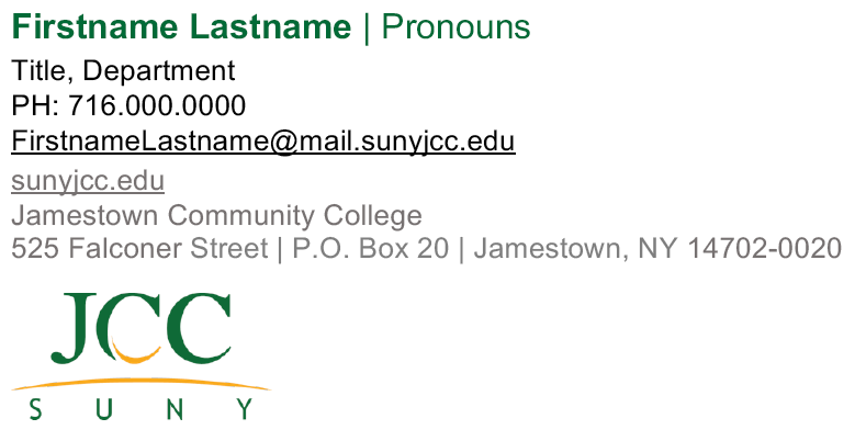 JCC email signature layout, Jamestown Campus