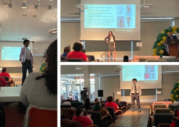 A photo collage of three students modeling clothes on a runway with a projector screen behind them.