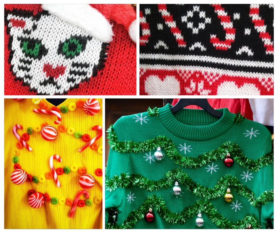 A collage of ugly Christmas sweater patterns.