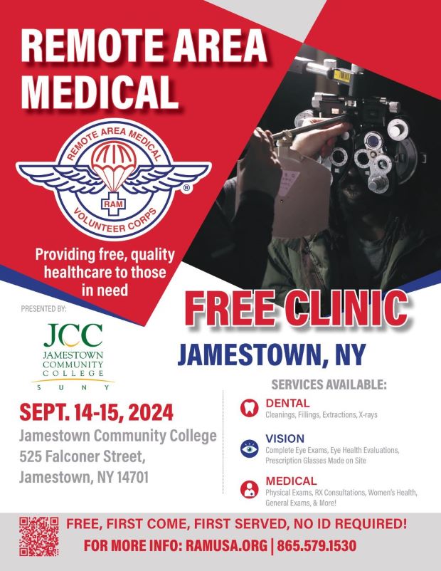 flyer announcing Remote Area Medical providing free care clinic at SUNY JCC Jamestown Campus.