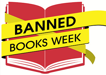An illustration of a book wrapped in a ribbon that says "Banned Books Week."
