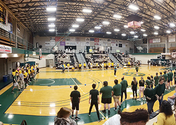 Students participate in a pep rally in the gym located in the Physical Education Complex at SUNY JCC's Jamestown campus.