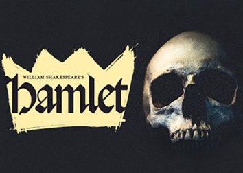 A crown shape with the words "William Shakespeare's Hamlet" to the left of an image of the top portion of a skull.