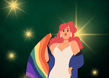 A graphic of glowing stars and a woman in an evening gown with long hair, large earrings, wearing a rainbow wrap around her arms.