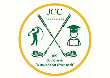 A circle frames illustrations of a golfer at the end of their swing, crossed golf clubs, and a student with a mortarboard cap with text that says "JCC Foundation JCC Golf Classic 'A Round That Gives Back.'" 