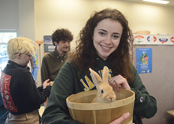 A woman is holding a basket that contains a bunny while standing in a room with other people behind her.