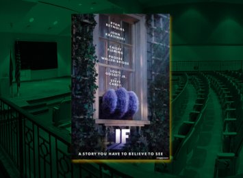 Graphic highlight the movie "If" with actors with a dark green background showing a theater.