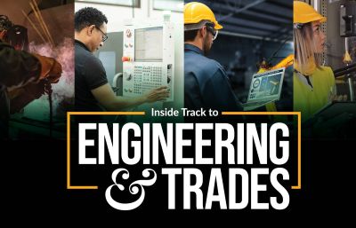 Collage of tradespeople: welding, operating machinery, inspecting equipment. Text reads "Inside Track to Engineering & Trades" in bold letters.