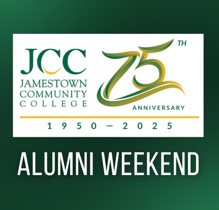 Jamestown Community College 75th Anniversary (1950–2025) Alumni Weekend graphic with green and gold text on a dark green background.