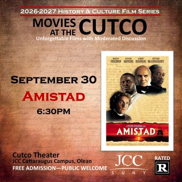 Movie poster for "Amistad" at the Cutco Theater on September 30th at 6:30 PM, part of the 2026-2027 History & Culture Film Series. The poster features the film's title and cast, along with event details and JCC branding.