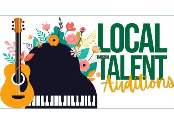 An illustration of a guitar, flowers, and piano with the words "Local Talent Auditions."