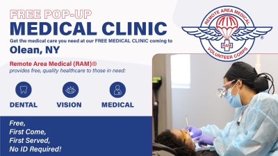Flyer for a Free Pop-Up Medical Clinic by Remote Area Medical (RAM) in Olean, NY. The flyer highlights free dental, vision, and medical services, stating ‘Free, First Come, First Served, No ID Required.’ On the right, a healthcare worker wearing protective gear treats a patient. The RAM logo is displayed at the top right.