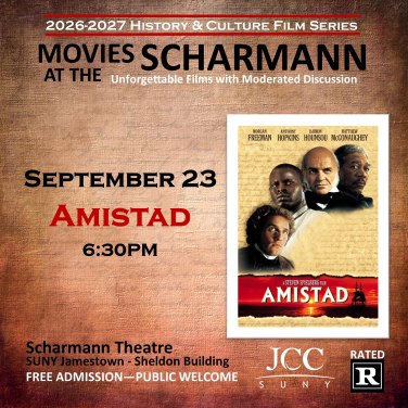 Movie poster for "Amistad" at the Scharmann Theatre on September 23 at 6:30 PM, part of the 2026-2027 History & Culture Film Series. The poster features the film's title and cast, along with event details and JCC branding.