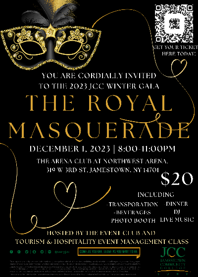 Royal Masquerade Ball poster with the words "December 1st 2023 @ Northwest Arena, - Dinner, - DJ, Photobooth, Transportation, Tickets - $20."