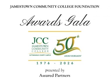 Elegant white program cover for the Jamestown Community College Foundation Awards Gala, featuring a green-and-gold 50th anniversary emblem and “1976–2026”; presented by Assured Partners.