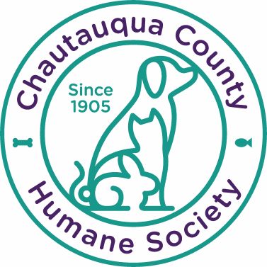 Logo of Chautauqua County Humane Society featuring outlines of a dog and cat in teal, with "Since 1905" text, encircled by organization name in purple.