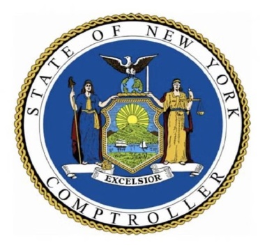 Seal of the New York State Comptroller: features the New York State coat of arms with two figures, an eagle, and the word "Excelsior" on a banner.
