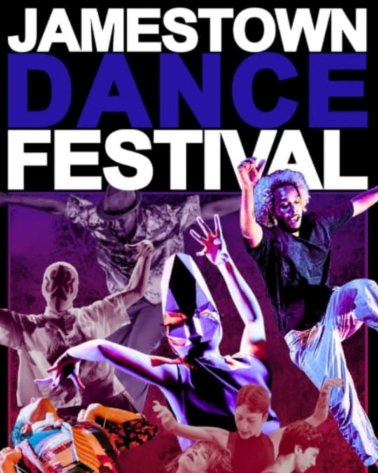 A collage of dancers in various poses with the words "JAMESTOWN DANCE FESTIVAL" across the top. The image is vibrant and features a mix of dancers in different costumes and lighting.