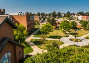A bird's eye view of a college campus on a sunny day.