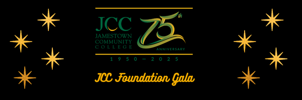 A black graphic with gold stars and a logo promoting SUNY JCC's 75th anniversary and annual Foundation awards gala.