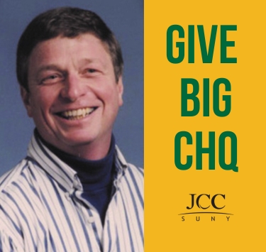 Graphic showing Dan Courtine headshot, SUNY JCC logo, and the words Give Big CHQ.
