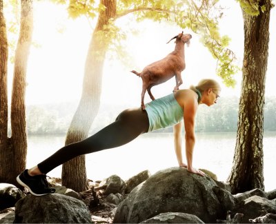 A woman holds a plank pose on rocks by a lake, with sunlight filtering through trees. A small goat stands on her back, creating a playful scene.