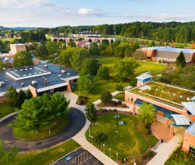 Aerial view of a college campus with brick buildings, lush green lawns, and tree-lined pathways under a blue sky, conveying a serene and academic atmosphere.