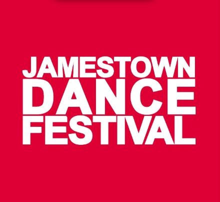 Red and white Jamestown Dance Festival graphic.