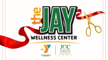 Grand opening of The Jay Wellness Center with a red ribbon and gold scissors.