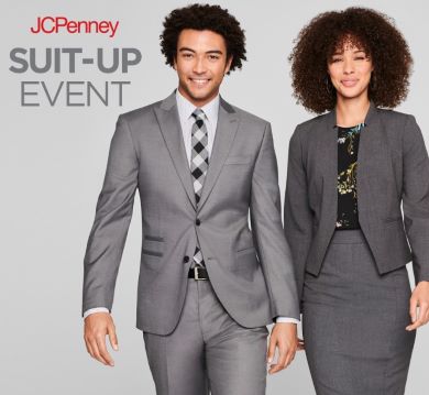 Two people in gray business outfits stand confidently. The person on the left wears a suit and checkered tie, the one on the right a blazer and skirt. "JCPenney Suit-Up Event" text is visible.