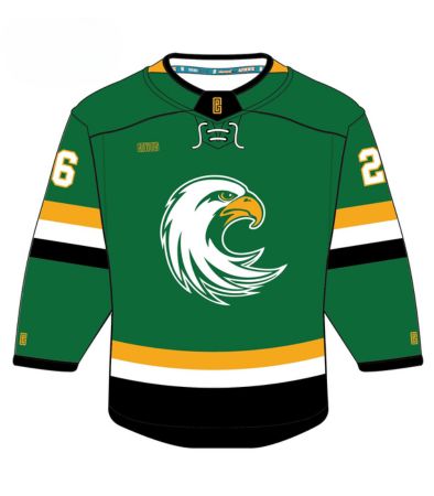 A green and gold hockey jersey with a JCC Jayhawk logo on the front.