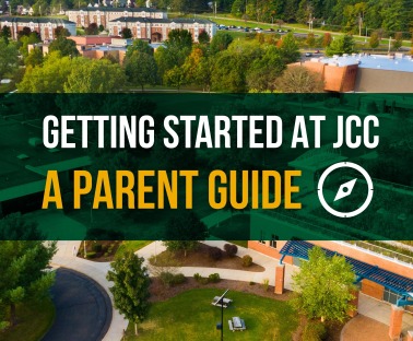 Aerial view of a college campus with lush greenery and buildings. Overlaid text: "Getting Started at JCC: A Parent Guide" with a compass icon.