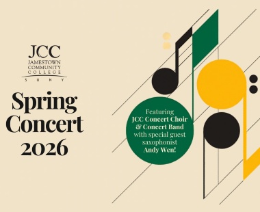 Spring Concert 2026 poster for Jamestown Community College with musical notes in green, yellow, and black. Features special guest saxophonist Andy Wen.