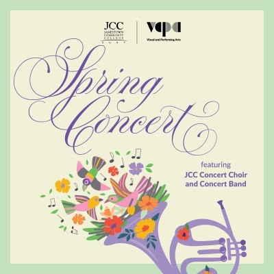 A colorful graphic with a vector French horn with birds and music notes with the words Spring Concert.
