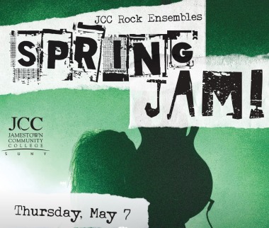 Poster for "Spring Jam" featuring bold, distressed letters. A silhouette of a guitarist is visible. Event by JCC Rock Ensembles on Thursday, May 7.