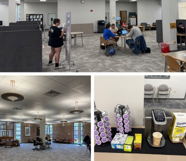 This is a collage of four images. The top image shows a library with students and staff. The bottom left image shows a classroom or office space with lighting fixtures and ceiling tiles. The bottom right image shows a coffee machine with cups and a counter.