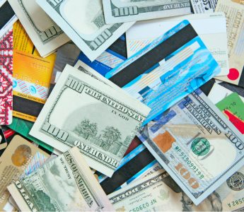 A pile of assorted credit cards and U.S. dollar bills scattered randomly. 