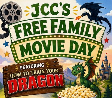 JCC's Free Family Movie Day featuring "How to Train Your Dragon" with a playful green dragon, a castle in the background, and a film reel.