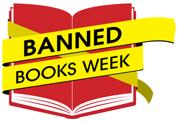A graphic of a red book wrapped in yellow tape that says "Banned Books Week."