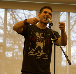 Carlos Andres Gomez speaks to students in the Student Union at SUNY Jamestown Community College