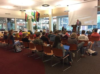 Students listen to Dr. Greg Rabb during a discussion about the U.S. Constitution.