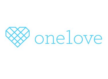Logo for onelove with a geometric heart symbol. The text "onelove" is in a light blue sans-serif font.