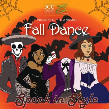 Illustration for Jamestown Community College's Fall Dance features Halloween-themed characters: a skeleton, a vampire, a figure without a head, and a witch. The background includes bats, spider webs, and an orange gradient. The text reads, "Spook in Style." 