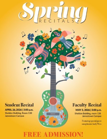 Stylized poster with a guitar depicting a tree, adorned with colorful birds and flowers. It announces "Spring Recitals," featuring student and faculty events in April and May 2026. Free admission noted.