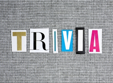 The word "TRIVIA" spelled out with cut-out letters of various colors and fonts on a grey textured background.