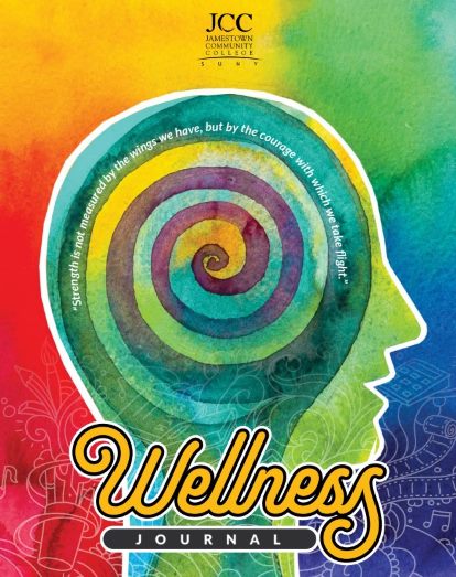 Vibrant wellness journal cover with a colorful spiral in a silhouette of a head. Text reads "Wellness Journal" and a motivational quote is displayed.