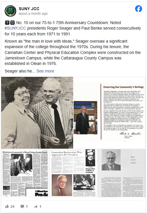 Black and white photo collage celebrating SUNY JCC's 75th anniversary, featuring presidents Roger Seager and Paul Benke alongside historical documents.