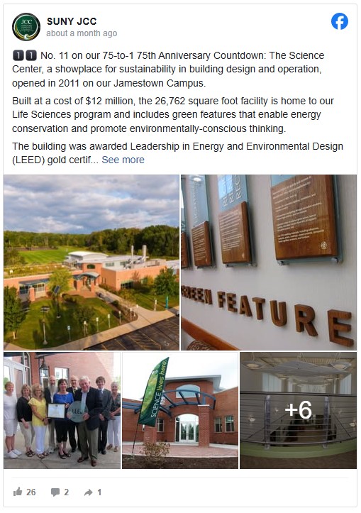 A collage showcases a sustainable science center, featuring an aerial of the building, green features signage, and a group holding a LEED plaque.
