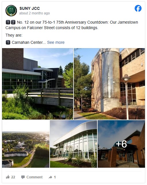 Collage of SUNY JCC Jamestown Campus buildings, featuring modern and traditional architectures, lush greenery, and a lamp-lit walkway. The mood is informative, highlighting campus facilities.