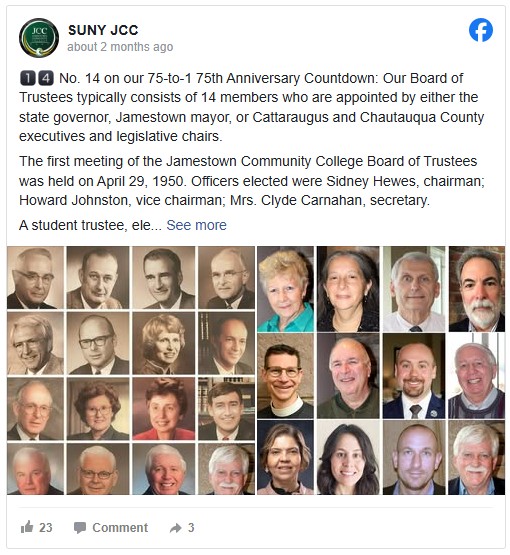 Collage of board members' portraits in a grid. Text describes the history and structure of Jamestown Community College's Board of Trustees.